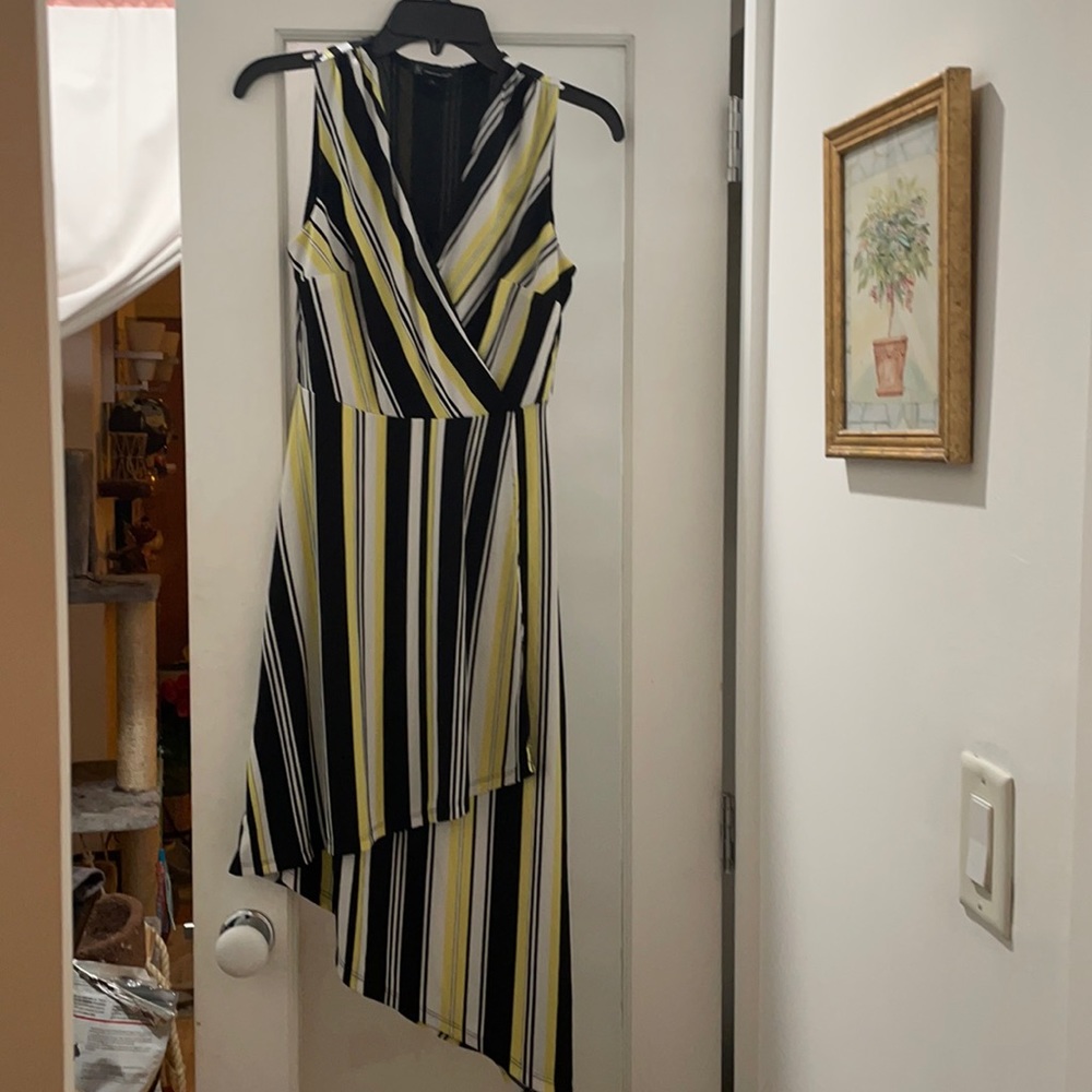 Yellow, black & white striped dress sleeveless